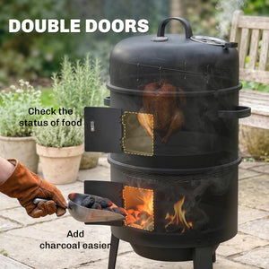 3-in-1 Vertical Charcoal Smoker with 2 Grill Grates, Built-in Thermometer, Adjustable Vent, 2 Doors