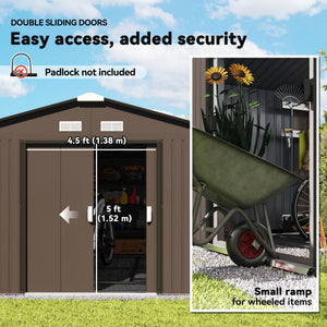 11' x 13' Outdoor Metal Storage Shed Large Tool House with Weatherproof Construction, Vent, Foundation Kit, Brown