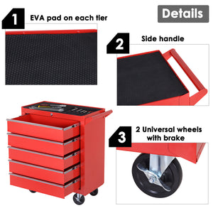 5 Drawer Roller Tool Chest, Mobile Lockable Toolbox, Storage Organizer with Handle for Workshop Mechanics Garage, Red