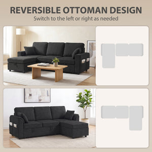 Sectional Sofa Bed Reversible Pull Out Sleeper Sofa Storage Ottoman, Black