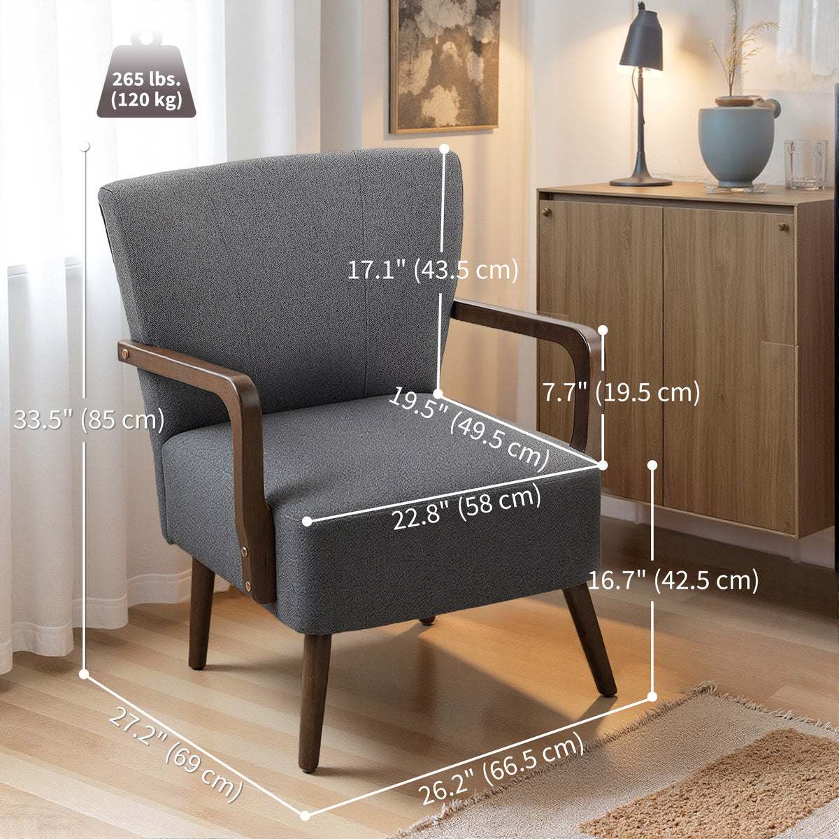 Accent Chair with Wooden Legs, Linen Fabric Armchair with Thick Padding, Comfy Chair for Living Room, Dark Grey
