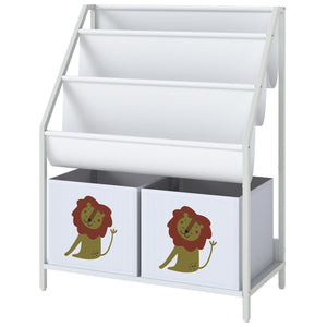Qaba Kids Bookshelf, 3-Tier Sling Bookshelf with Toy Storage, Montessori Toy Organizer with Non-Woven Drawers for Kids Room