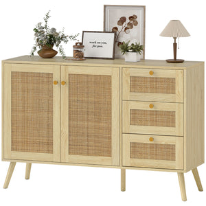 47" Buffet Cabinet with Soft-Close Doors, Rattan Sideboard with Drawers, Adjustable Shelf and Wooden Legs, Natural
