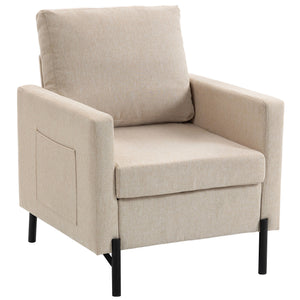 Accent Chair Modern Upholstered Armchair with Side Pockets and Cushion for Bedroom, Living Room, Beige
