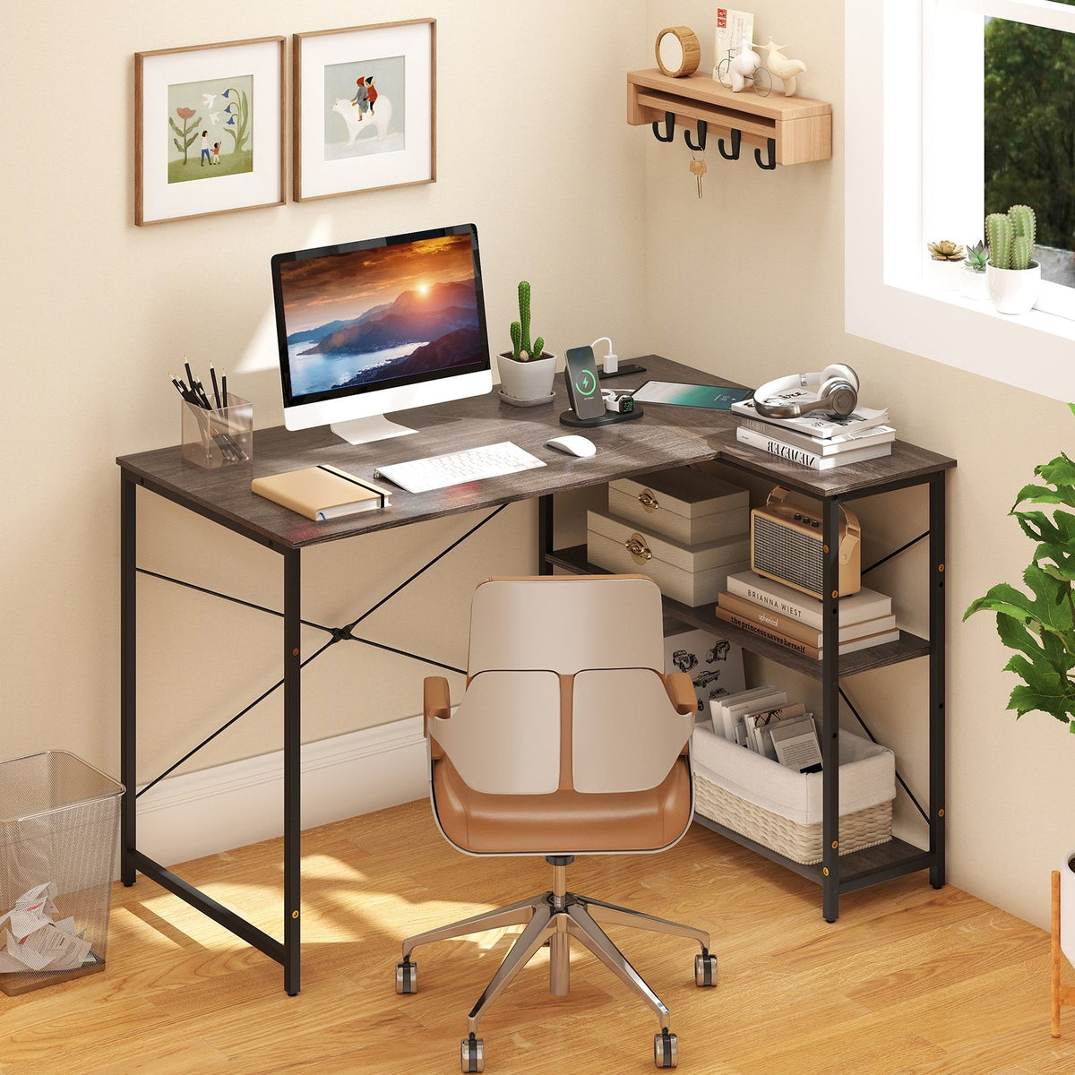 L-shaped 47 Inch Reversible Corner Desk with Adjustable Storage Shelves-Gray view 2