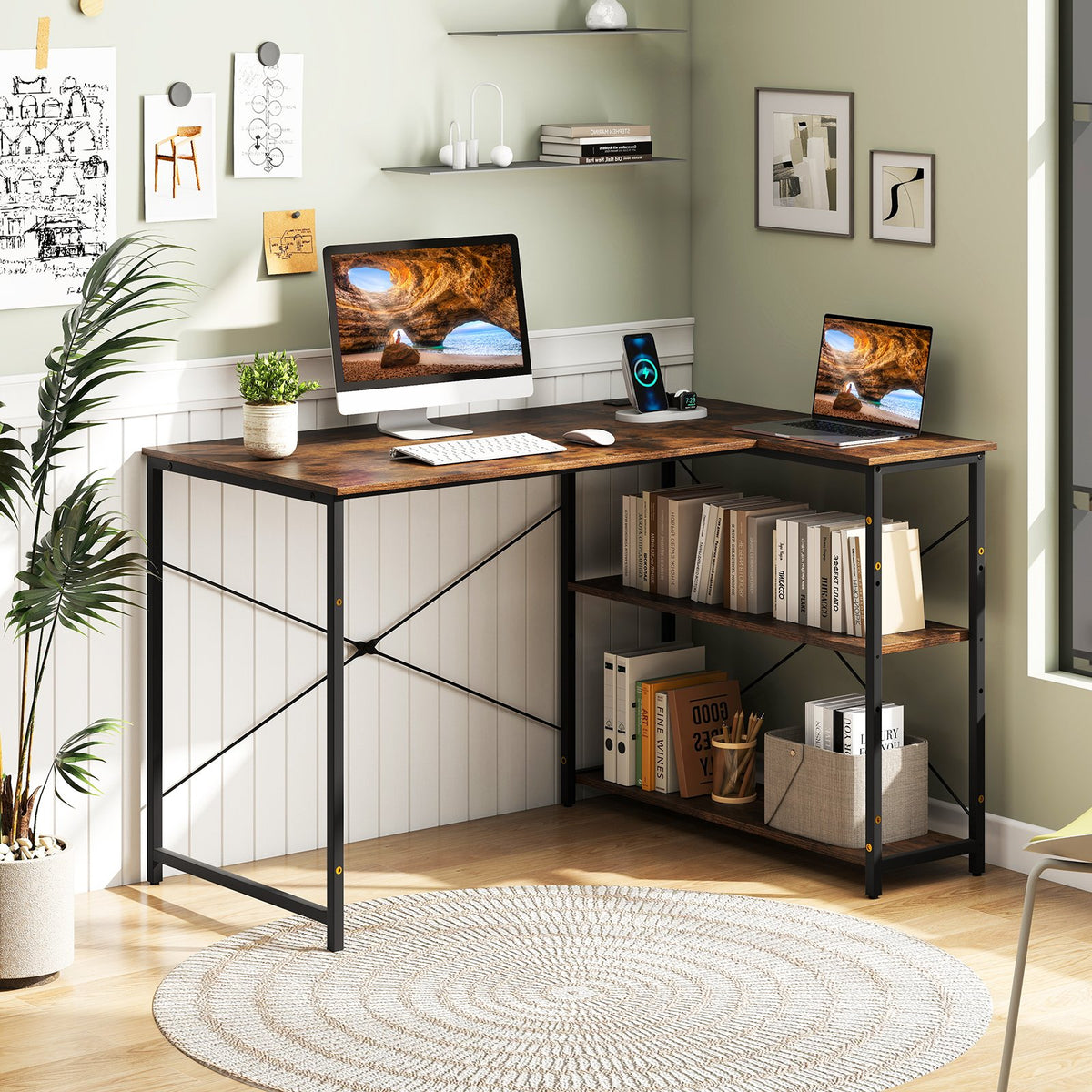 L-shaped 47 Inch Reversible Corner Desk with Adjustable Storage Shelves-Rustic Brown view 2