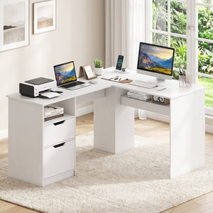 L-Shaped Computer Desk with Letter File Drawer-White view 2