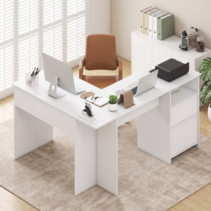 L-Shaped Computer Desk with Letter File Drawer-White view 3