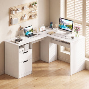 L-Shaped Computer Desk with Letter File Drawer-White view 6