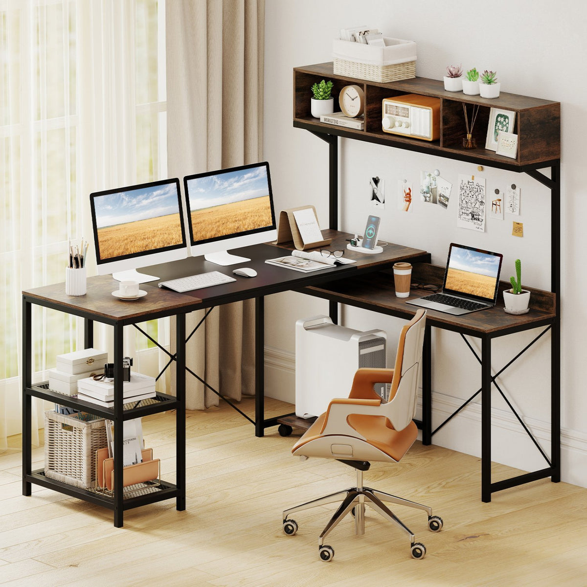 L-Shaped Computer Desk with Power Outlets 62 Inches Corner Desk with Storage Hutch-Brown view 2
