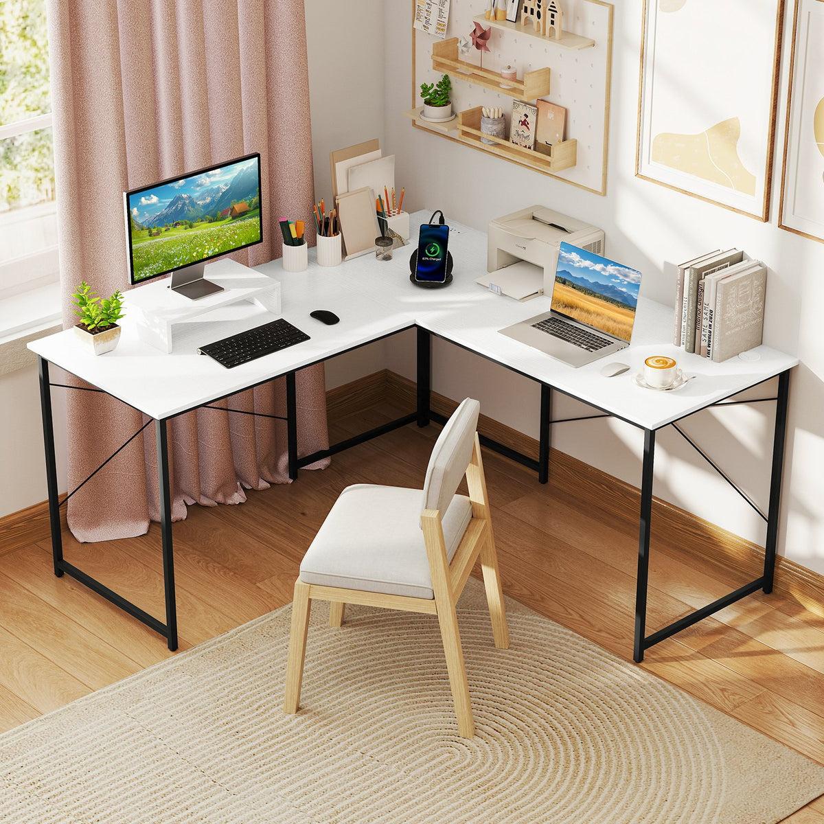 L-Shaped Computer Desk with Power Outlets and Monitor Shelf-White view 2