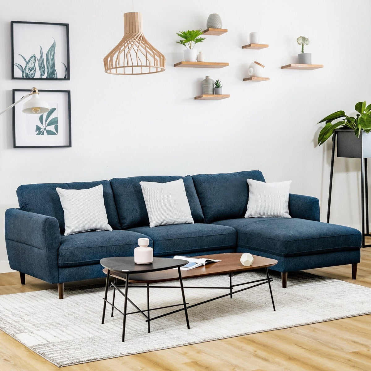 L-Shaped Fabric Sectional Sofa with Chaise Lounge and Solid Wood Legs-Navy view 2