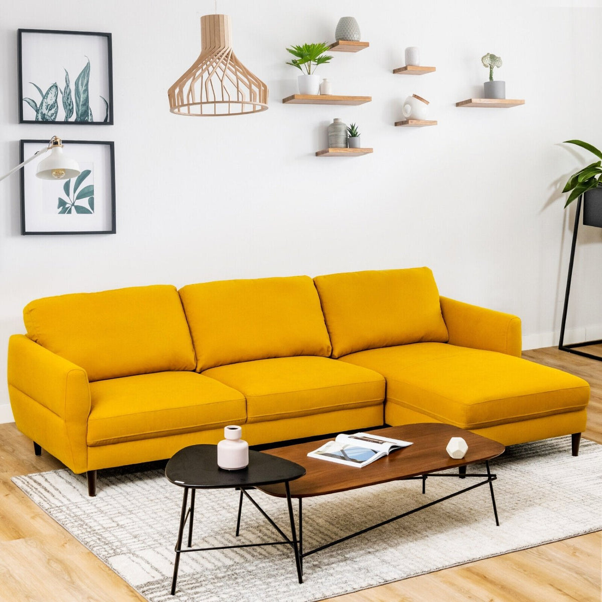 L-Shaped Fabric Sectional Sofa with Chaise Lounge and Solid Wood Legs-Yellow view 2