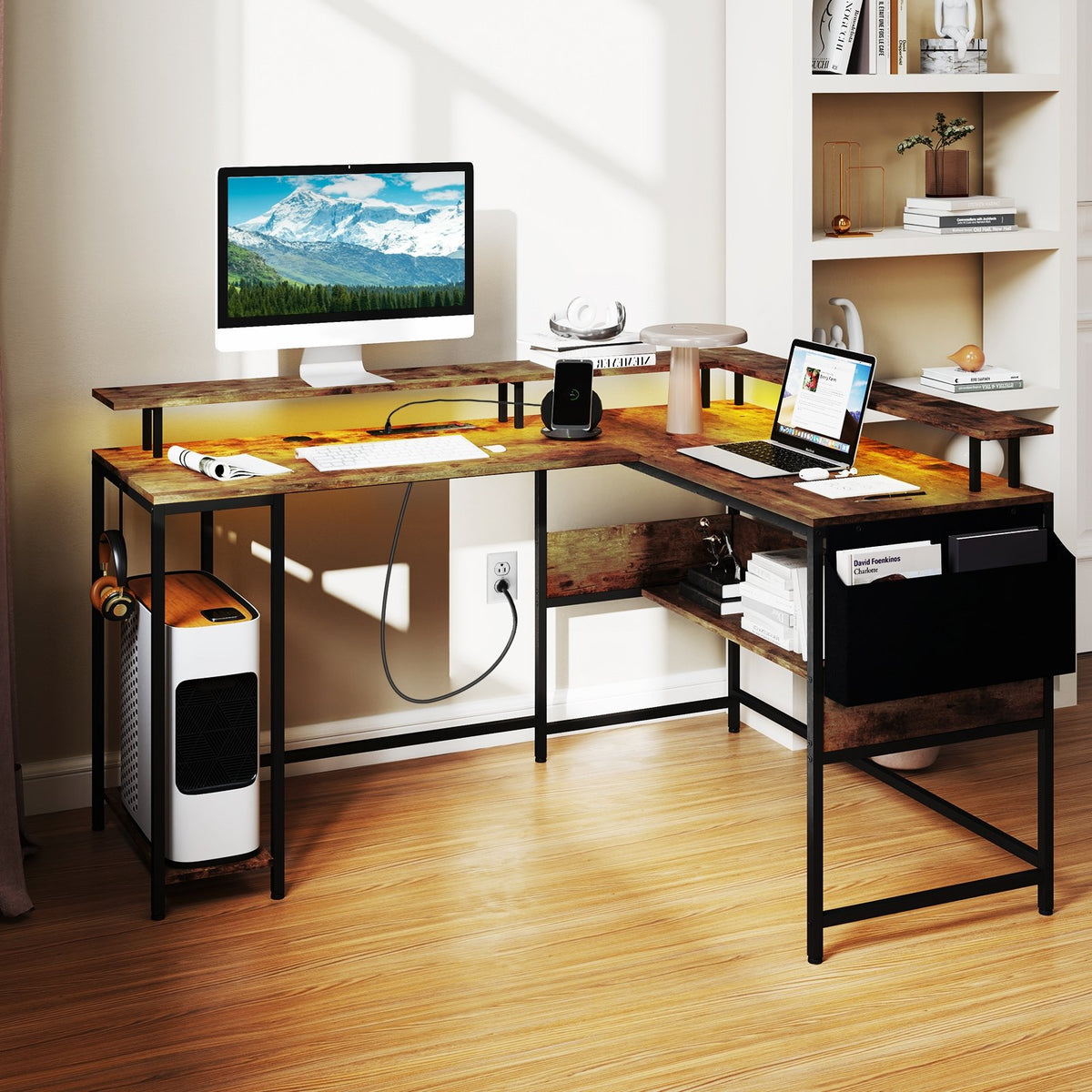 L-Shaped Gaming Desk with LED Lights and Power Outlets Home Office Computer Desk-Rustic Brown view 2