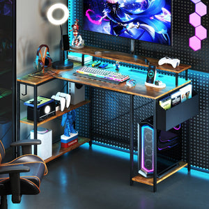 L-Shaped Gaming Desk with LED Lights and Power Outlets-Rustic Brown view 3