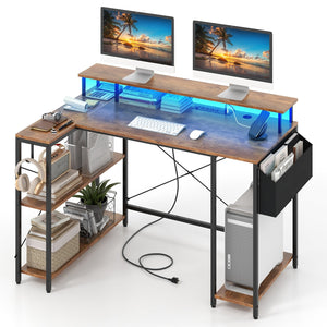 L-Shaped Gaming Desk with LED Lights and Power Outlets-Rustic Brown view 4