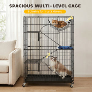 4-Tier Cat Cage, Large Cat Enclosure with Lockable Wheels, Tray, Hammock, Bed, 3 Ramp, 3 Platforms for 3-5 Kittens
