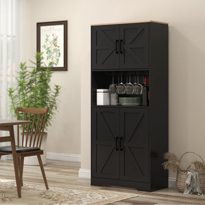 Farmhouse Kitchen Pantry, 68" Freestanding Hutch Storage Cabinet with Microwave Oven Countertop, Black – view 7
