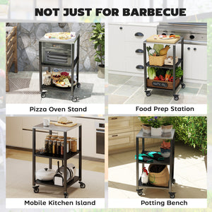 Outdoor Grill Cart, Pizza Oven Stand with Stainless Steel Top, 3-Tier Rolling Kitchen Prep Station with Wheels, Black