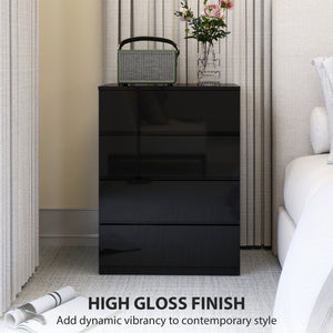 4 Drawer Cabinet, High Gloss Drawer Chest for Bedroom, Chest of Drawers with Metal Runners and Groove Handles, Black