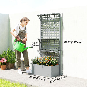 Wooden Raised Garden Bed with Trellis and Roof, Elevated Planter Box with 2 Shelves, Drainage Hole and Liner, Grey