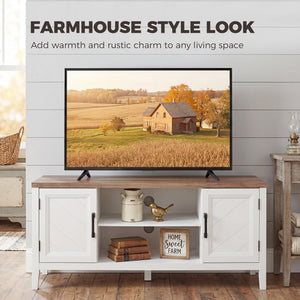 TV Stand for TVs up to 55 Inch, Entertainment Center with 2 Open Shelves, 2 Cabinets, Thick Top, White and Brown
