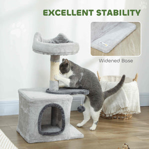 28" Cat Tree Tower with Plush Top Bed, Cozy Condo, Sisal Scratching Post, Perch, Dangling Ball, Beige and Yellow