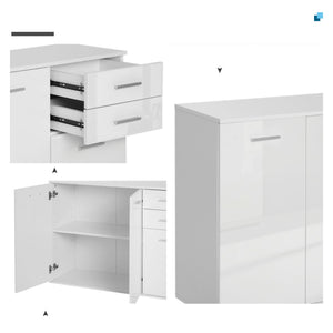 High Gloss Sideboard with 2 Drawers and 3 Doors, Buffet Cabinet with Adjustable Shelf, Coffee Bar Cabinet with Storage, White