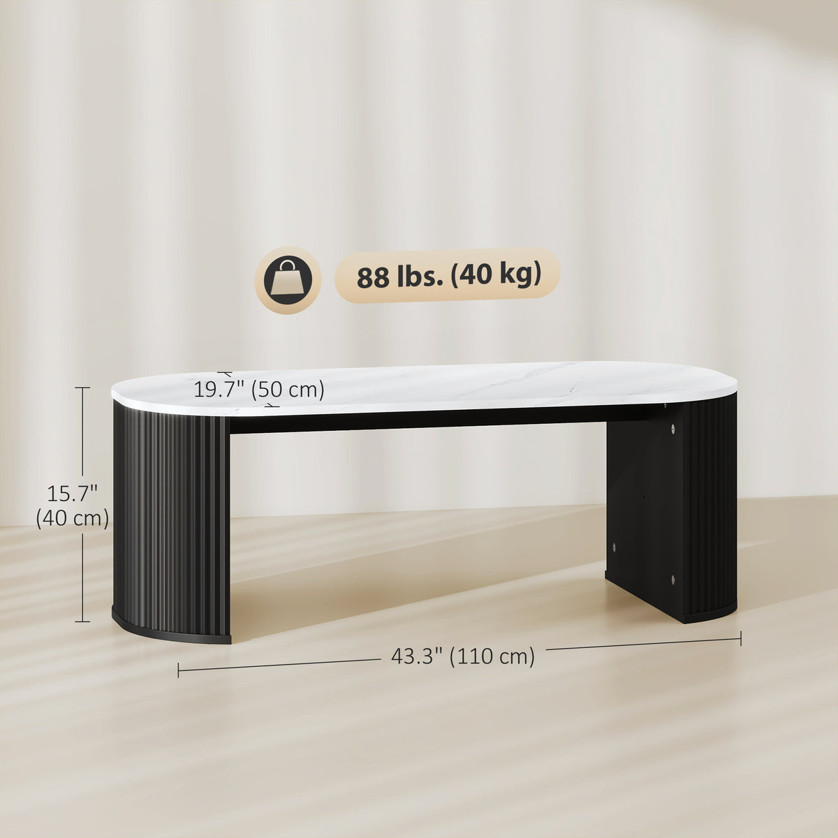 Coffee Table, Modern Marble-Effect Living Room Table with Round Corners and Thicken Legs, Black