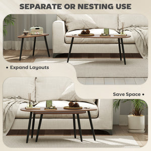 2 Pieces Coffee Table Set for Living Room, Industrial Nest of Tables with Steel Legs, Brown