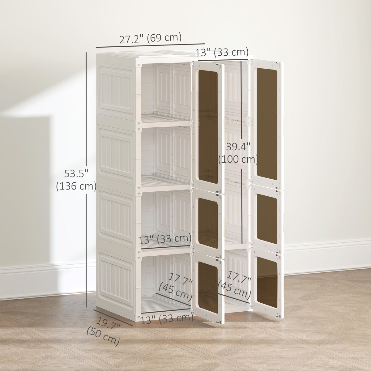 Portable Wardrobe, Foldable Plastic Closet with 5 Compartments, Hanging Rod and Magnetic Doors, White