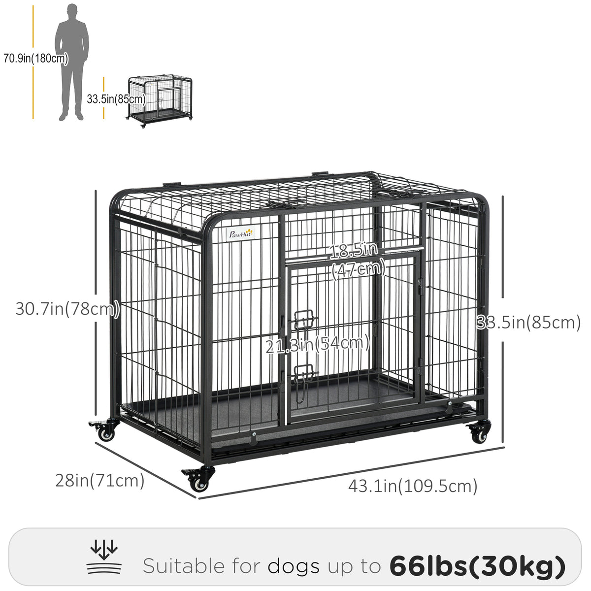 Folding Heavy Duty Dog Crate Heavy Duty Cage for Large Sized Dogs with Double Doors, Lockable Wheels Tray, 43" x 28" x 31"