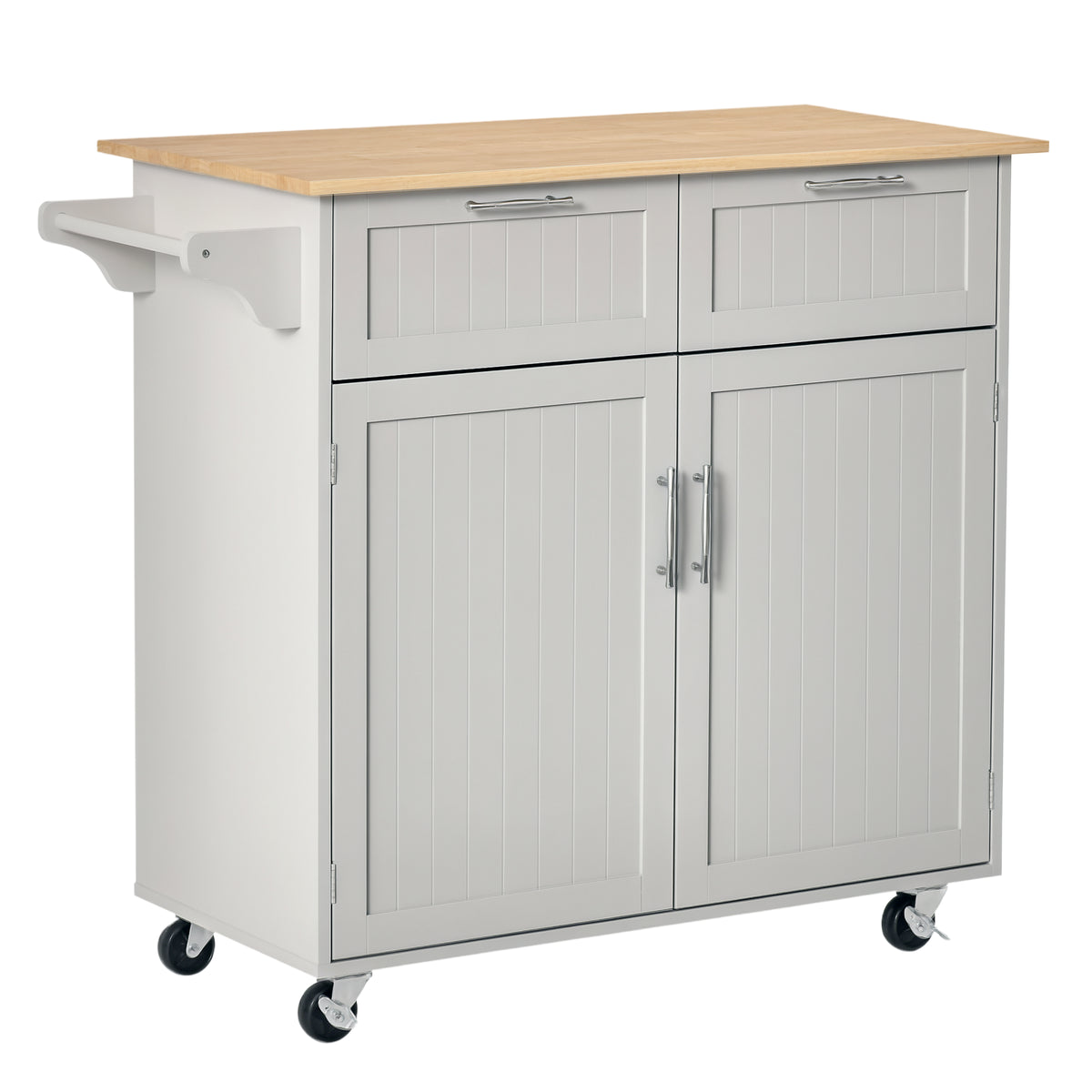 Rolling Kitchen Island with Storage Drawers, Kitchen Cart with Rubber Wood Top, Cabinet & Towel Rack, White – view 2