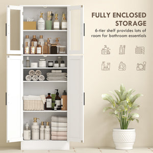Tall Bathroom Cabinet with Glass Doors, Space-Saving Unit with Adjustable Shelves, Freestanding Storage, White