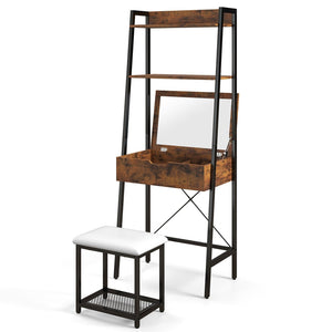 Ladder Vanity Desk Set with Flip Top Mirror and Cushioned Stool-Black view 4