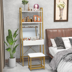 Ladder Vanity Desk Set with Flip Top Mirror and Cushioned Stool-Golden view 3
