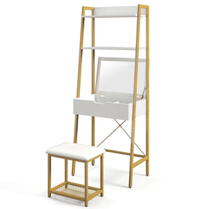 Ladder Vanity Desk Set with Flip Top Mirror and Cushioned Stool-Golden view 4