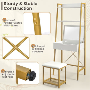 Ladder Vanity Desk Set with Flip Top Mirror and Cushioned Stool-Golden view 6