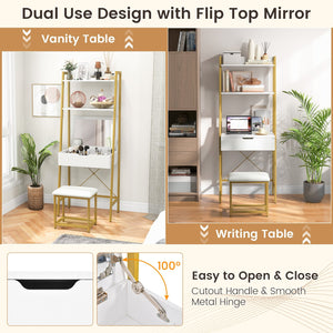 Ladder Vanity Desk Set with Flip Top Mirror and Cushioned Stool-Golden view 7