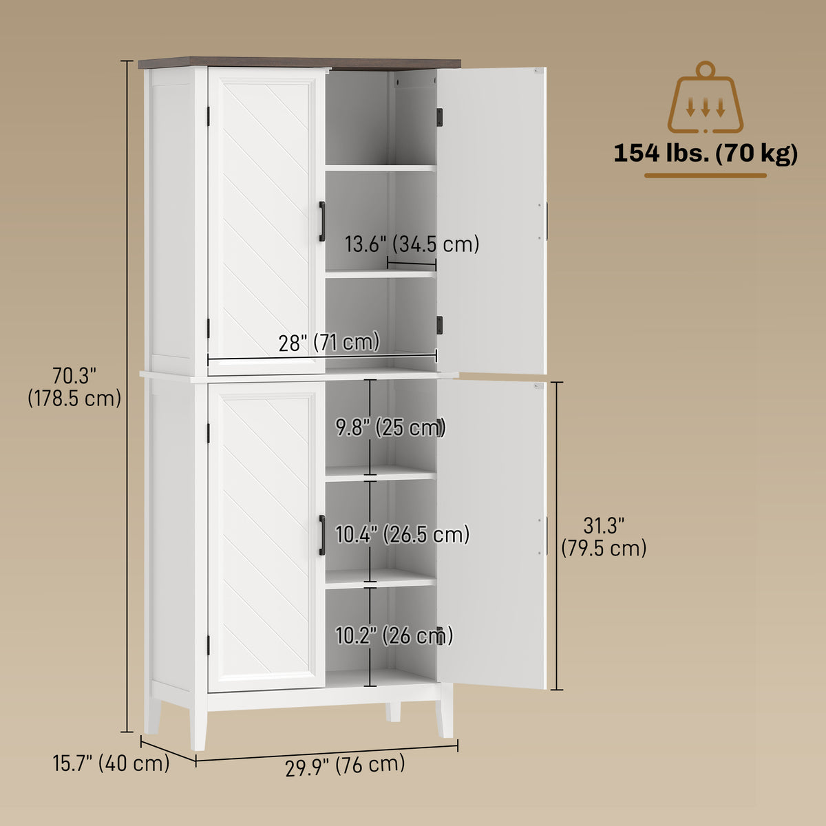 70" Tall Kitchen Storage Cabinet Modern Farmhouse Pantry Cabinet with 4 Chevron Doors and 4 Adjustable Shelves, White