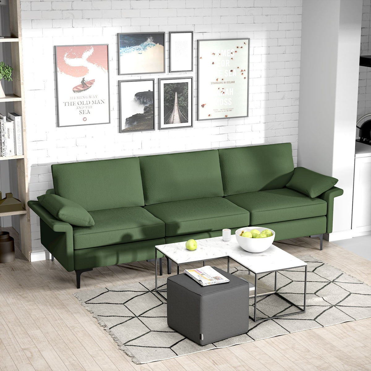 Large 3-Seat Sofa Sectional with Metal Legs and 2 USB Ports for 3-4 people-Green view 2