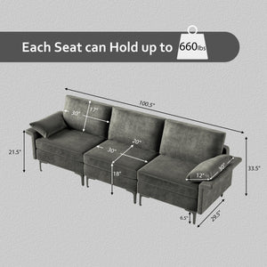 Large 3-Seat Sofa Sectional with Metal Legs and 2 USB Ports for 3-4 people-Silver view 4