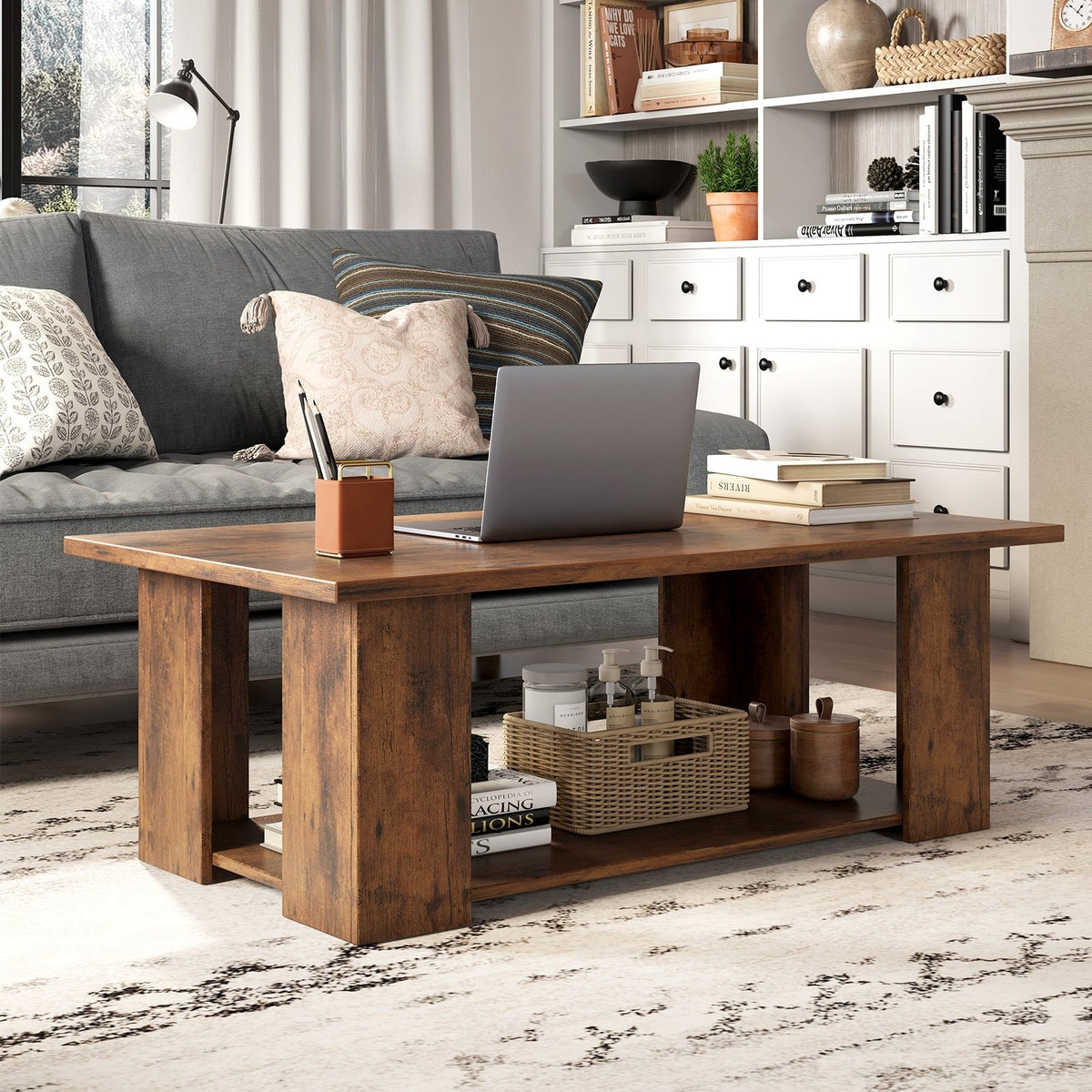 Large 36/41 Inch 2-tier Wooden Modern Coffee Table with Storage Shelf-Coffee view 2