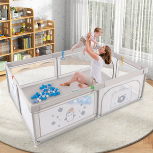Large Baby Playpen with Pull Rings Ocean Balls and Cute Pattern-Penguin view 2