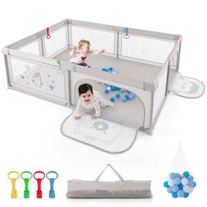 Large Baby Playpen with Pull Rings Ocean Balls and Cute Pattern-Penguin view 4