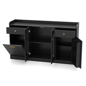 Large Buffet Cabinet Hidden Tilt Out Trash Can Cabinet with 2 Glass Doors-Black view 4