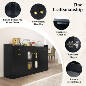 Large Buffet Cabinet Hidden Tilt Out Trash Can Cabinet with 2 Glass Doors-Black view 7