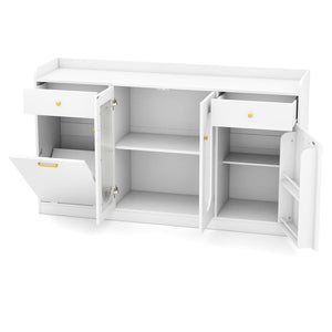 Large Buffet Cabinet Hidden Tilt Out Trash Can Cabinet with 2 Glass Doors-White view 4