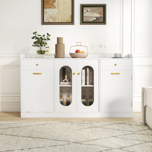 Large Buffet Cabinet Hidden Tilt Out Trash Can Cabinet with 2 Glass Doors-White view 6
