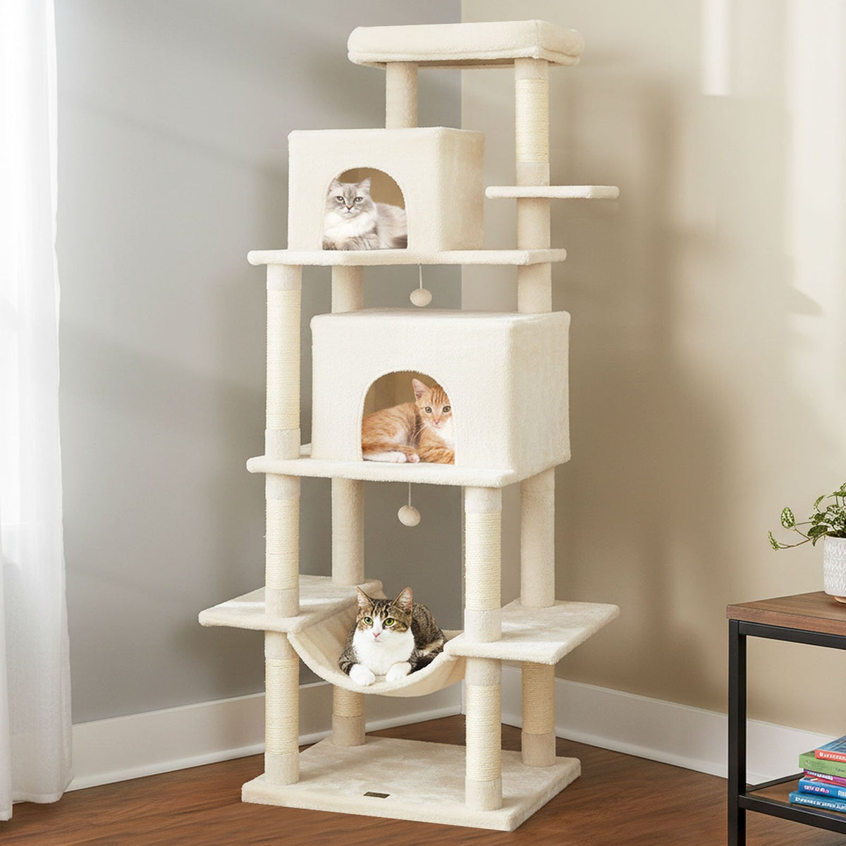 Large Cat Tree for Indoor Cats 70 inches Tall Cat Tower-Beige view 2